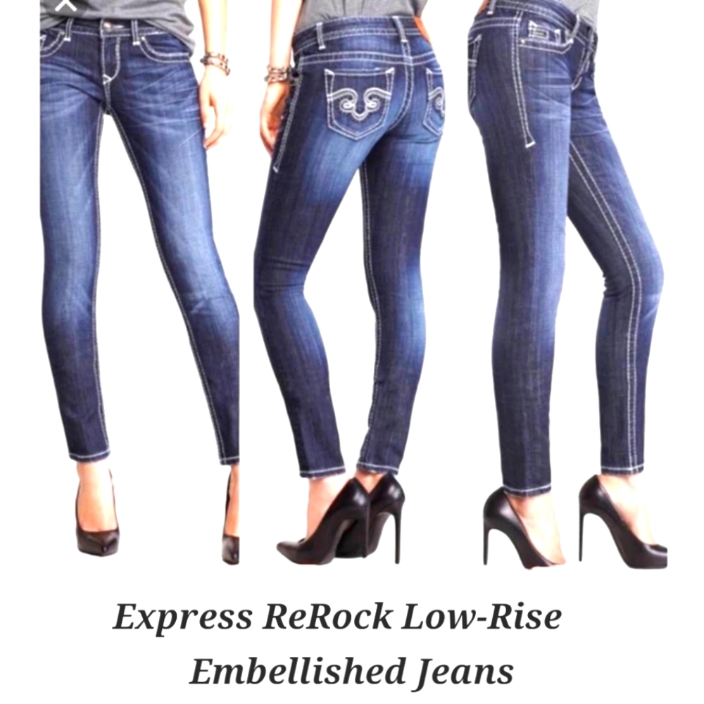 Express Jeans | Rerock Express Low-Rise Skinny Jeans | Embroidered Jeans |